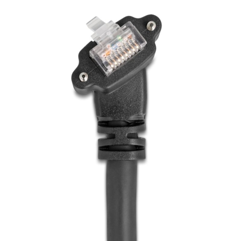 Delock GigE Kamera Kabel RJ45 Stecker 45° gedreht und 90° gewinkelt mit Schrauben zu RJ45 Stecker Cat.6 S/FTP 2 m