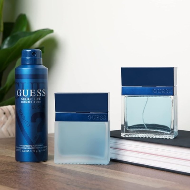 Guess Seductive Blue Men Homme Eau de Toilette 4 Piece Gift Set - Cologne Spray 3.4 Fl. Oz., Deodorizing Body Spray 6.0