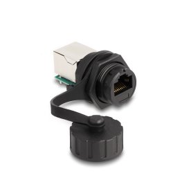 Delock Kabelverbinder RJ50 Buchse zu RJ50 Buchse zum Einbau mit Verschlusskappe IP68 staub- und wasserdicht schwarz