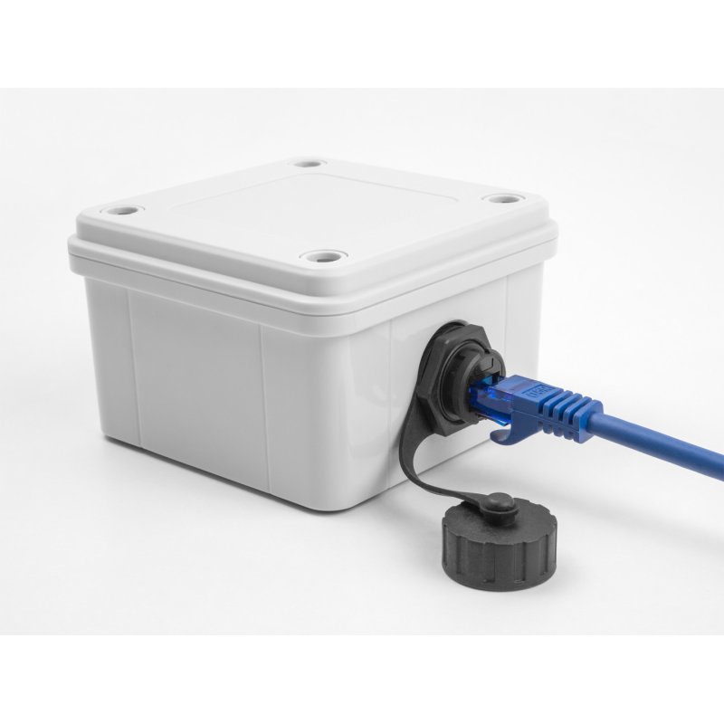 Delock Kabelverbinder RJ50 Buchse zu RJ50 Buchse zum Einbau mit Verschlusskappe IP68 staub- und wasserdicht schwarz