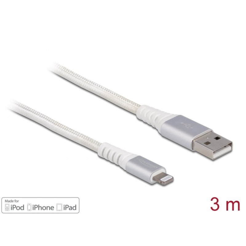DeLOCK Câble d’alimentation et de transfert des données USB pour iPhone, iPad, iPod DuPont Kevlar blanc 3 m
