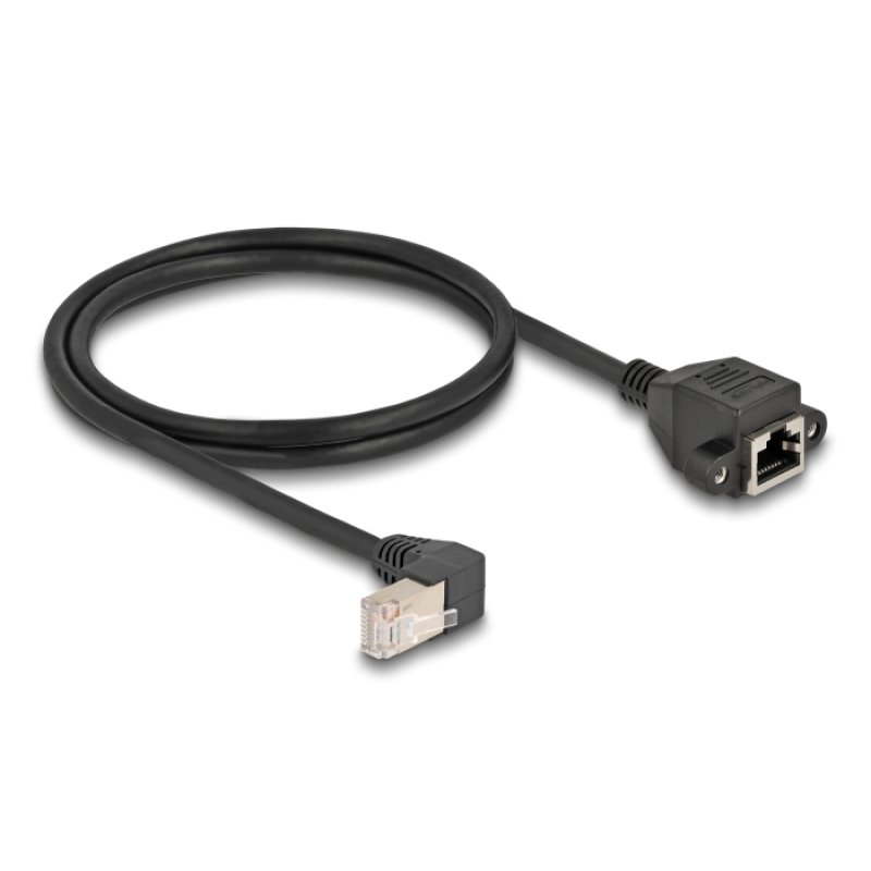 Delock Netzwerk Verlängerungskabel S/FTP Stecker RJ45 Stecker 90° gewinkelt zu RJ45 Einbaubuchse Cat.6A 1 m schwarz