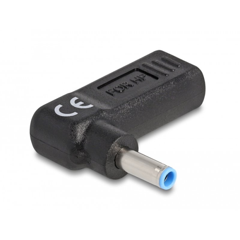DeLOCK Adaptateur pour un câble de chargement de laptop USB Type-C femelle à HP 4,5 x 3,0 mm mâle, angulé à 90°