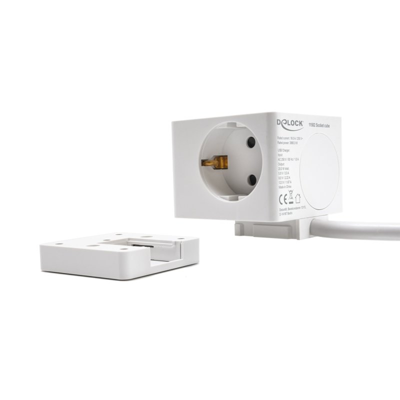 Delock Steckdosenwürfel mit Verlängerungskabel 3-fach mit Kindersicherung und USB PD 3.0 Ladegerät 20 W, 1,5 m