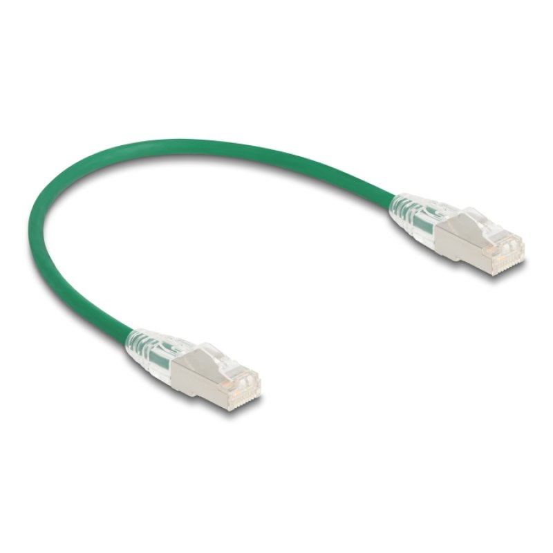 DeLOCK Câble de réseau RJ45 Cat.6A mâle à mâle avec loquet incurvé U/FTP Slim, 0,3 m, vert