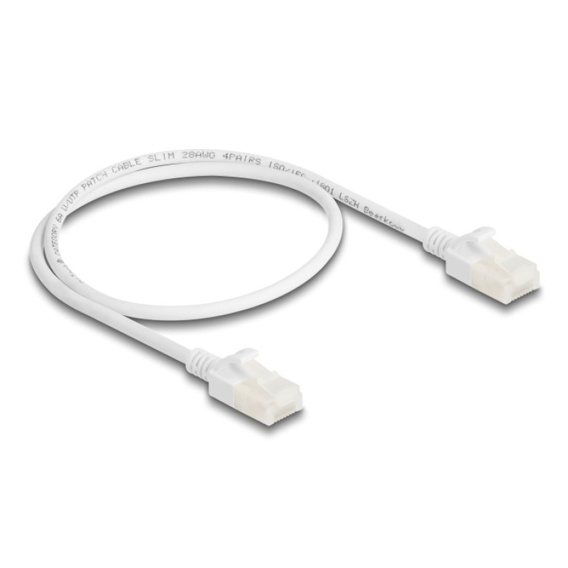 DeLOCK RJ45 Network Cable Cat.6A plug to plug with robust latch for industrial use U/UTP Slim 0.5 m white