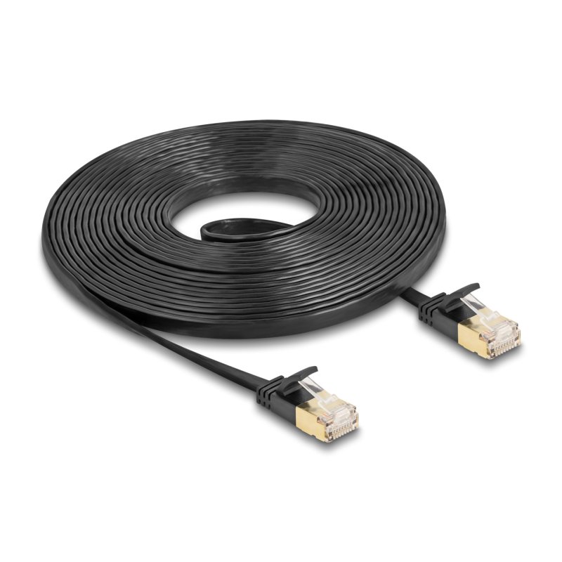 Delock RJ45 Netzwerkkabel Cat.6A Stecker zu Stecker mit robuster Rastnase und Cat.7 Rohflachbandkabel U/FTP 5 m schwarz