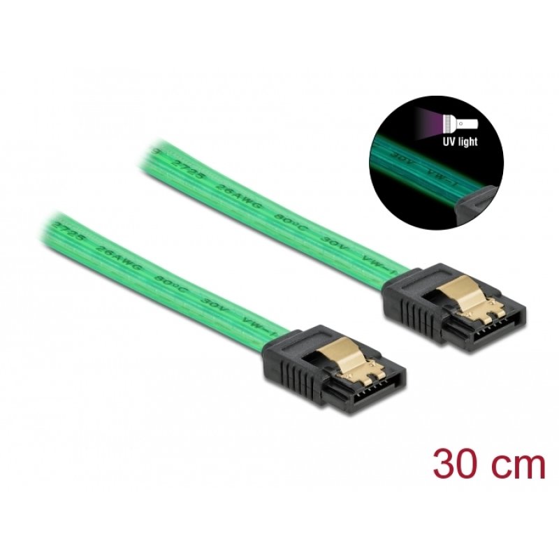 DeLOCK SATA 6 Gb/s Cable UV glow effect green 30 cm