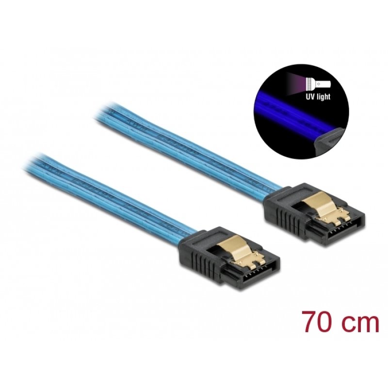 DeLOCK Câble SATA 6 Go/s, effet fluo UV bleu, 70 cm