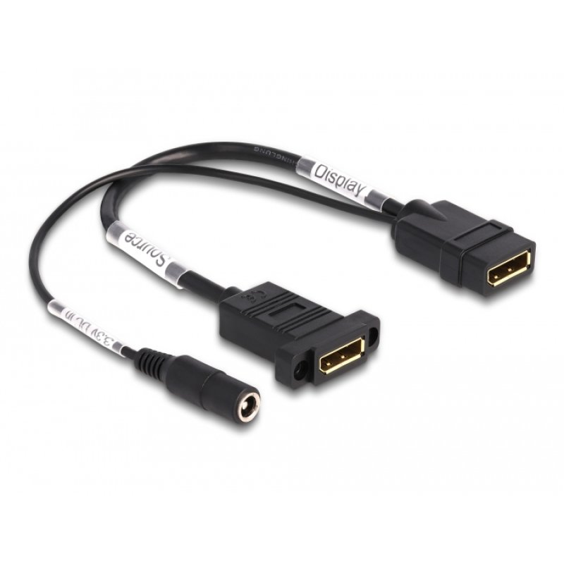DeLOCK Câble DisplayPort 4K 60 Hz avec alimentation DC 2,1 x 5,5 mm, panneau de montage 0,30 m