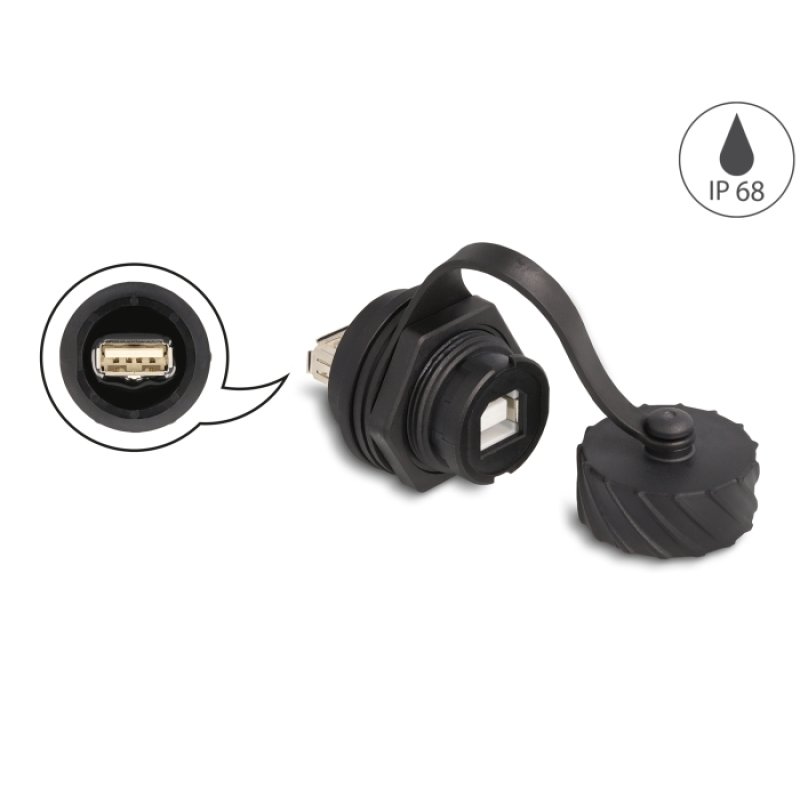 Delock Kabelverbinder USB 2.0 Typ-B Buchse zu USB 2.0 Typ-A Buchse zum Einbau mit Bajonett-Verschlusskappe IP68 staub-