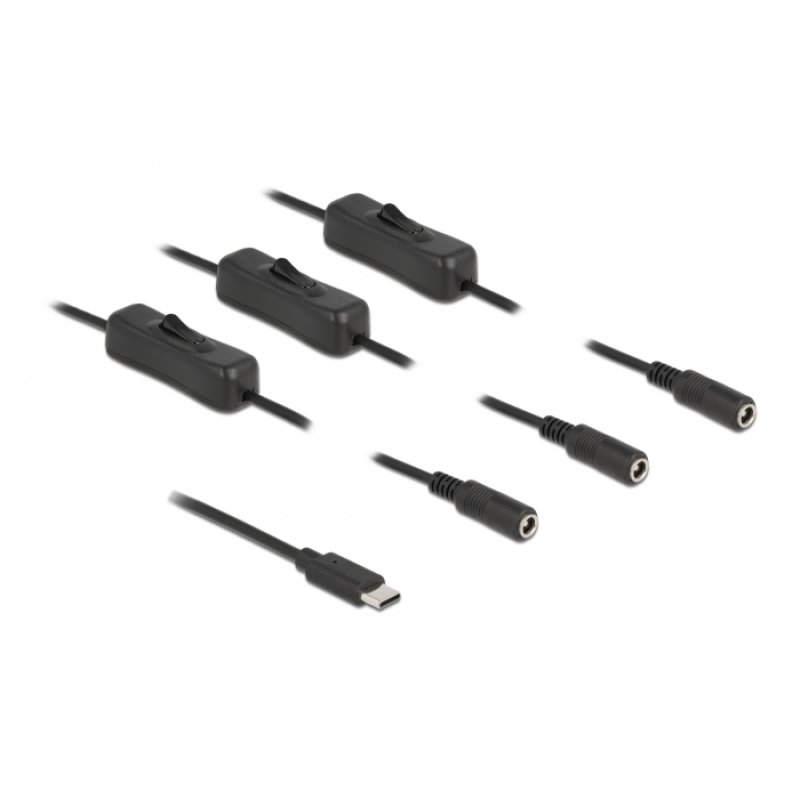 Delock Kabel USB Type-C™ Stecker zu 3 x DC 5,5 x 2,1 mm Buchse mit Schalter 1 m