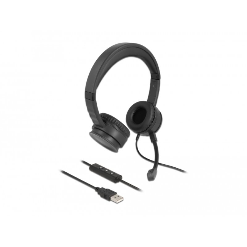 Delock USB Stereo Headset mit Kabelfernbedienung und Quick-Mute Taste für PC und Notebook
