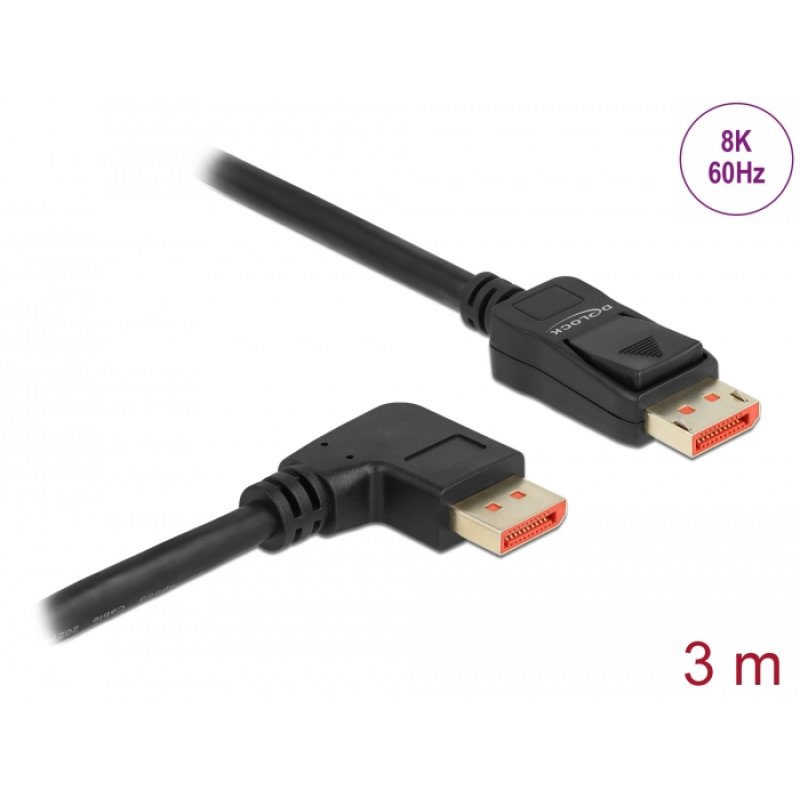 Delock DisplayPort Kabel Stecker gerade zu Stecker 90° rechts gewinkelt 8K 60 Hz 3 m