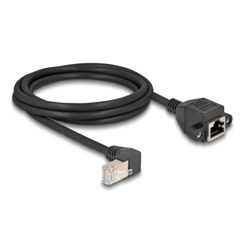 DeLOCK Câble de rallonge de réseau S/FTP RJ45 mâle, angulé 90°, à RJ45 intégré femelle Cat.6A, 2 m, noir