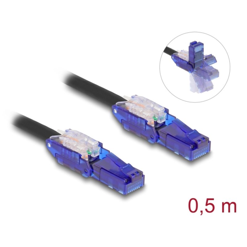 Delock RJ45 Netzwerkkabel Cat.6 UTP mit 180° winkelbaren Steckern schwarz 0,5 m