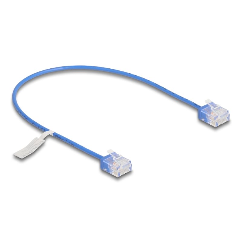 DeLOCK Câble de réseau RJ45 Cat.6 UTP Ultra Slim, 0,3 m, bleu, avec fiches courtes