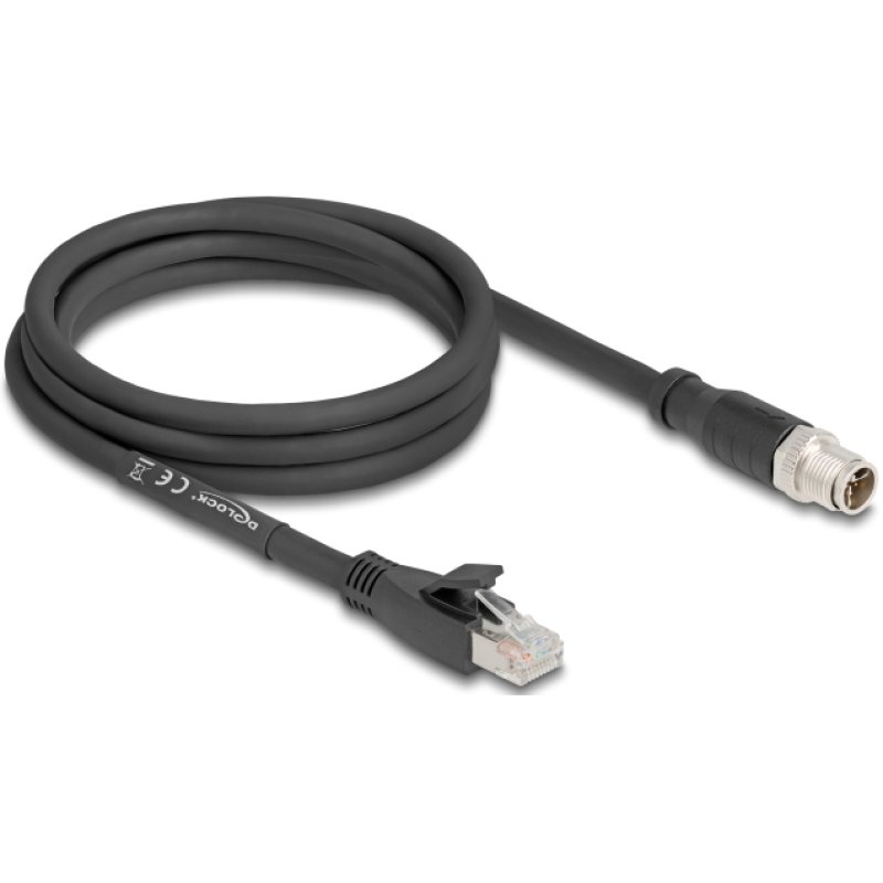 Delock M12 Kabel X-kodiert 8 Pin Stecker zu RJ45 Stecker Cat.5e S/FTP flexibel 2 m schwarz