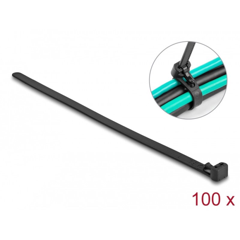 DeLOCK Réutilisables et résistants à la chaleur, L 200 x l 7,5 mm, 100 serre-câbles noirs