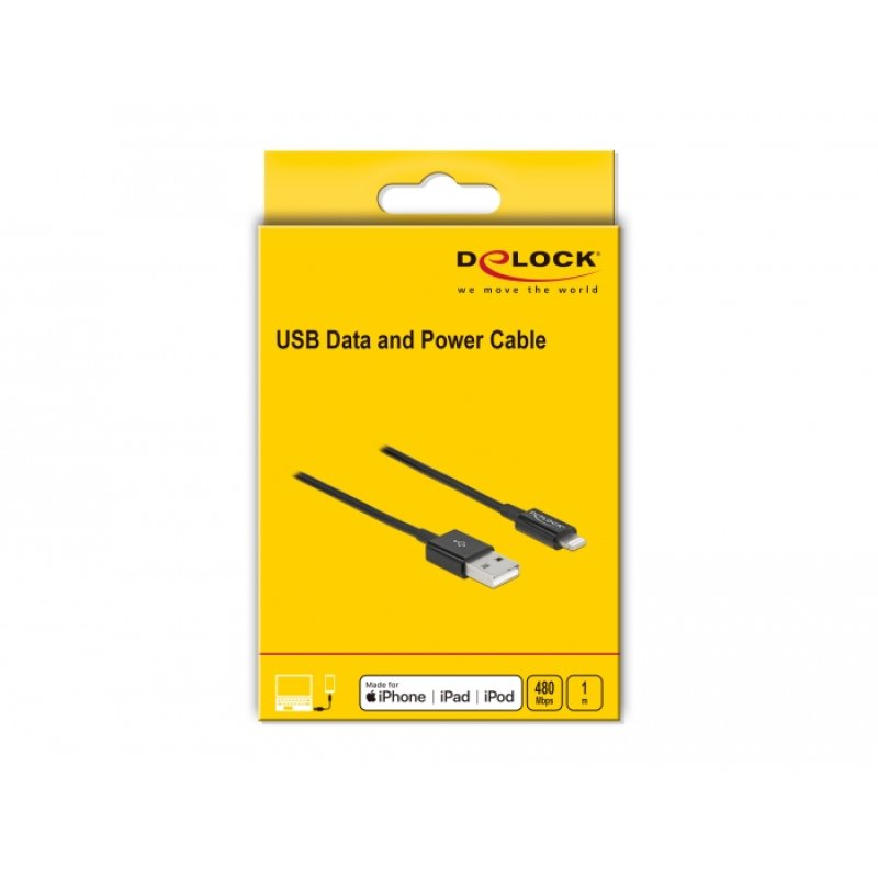 DeLOCK Câble d’alimentation et de transfert des données USB pour iPhone, iPad, iPod noir 1 m