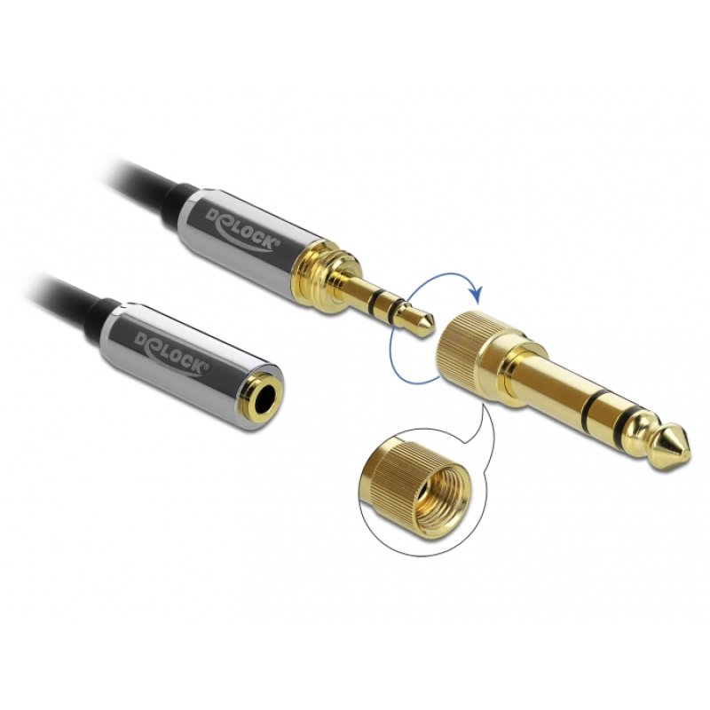 Delock Spiralkabel Verlängerung 3,5 mm 3 Pin Klinkenstecker zu Klinkenbuchse mit 6,35 mm Schraubadapter 1 m