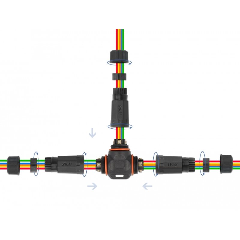 DeLOCK Cable connector T-shape for outdoor 5 pin, IP68 waterproof, screwable, cable diameter 4.5 - 7.5 mm black