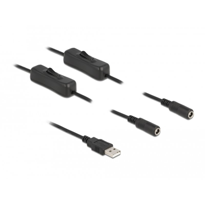 Delock Kabel USB Typ-A Stecker zu 2 x DC 5,5 x 2,1 mm Buchse mit Schalter 1 m