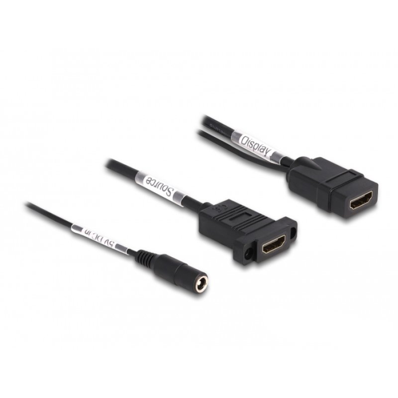 DeLOCK HDMI Cable 4K 60 Hz with DC feed 2.1 x 5.5 mm 0.30 m panel-mount
