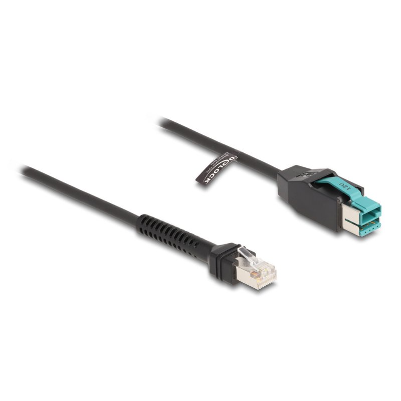 Delock Spiralkabel RJ50 Stecker zu PoweredUSB Stecker 12 V 3 m schwarz