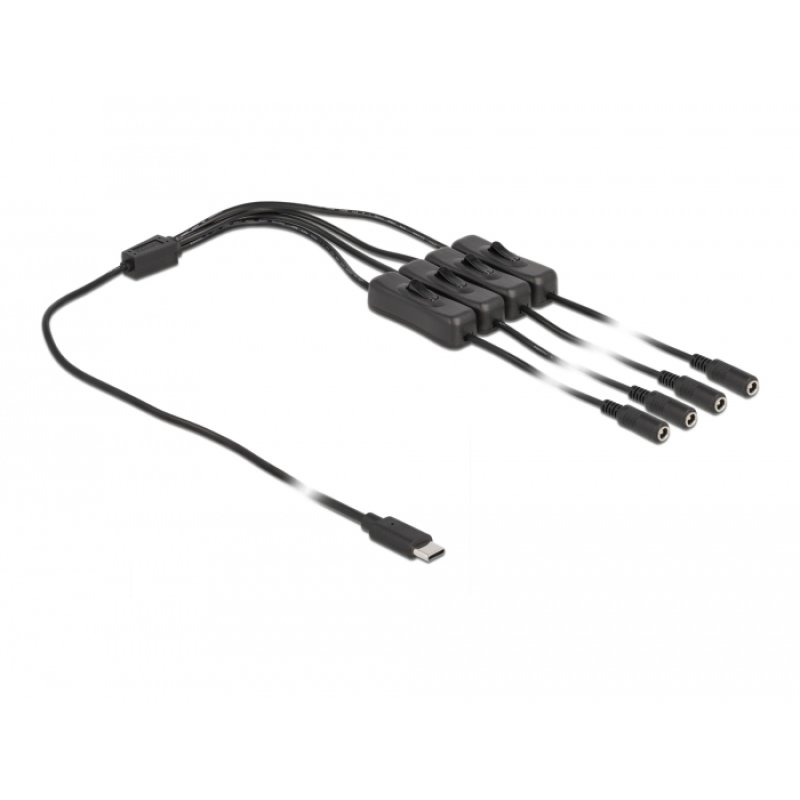 Delock Kabel USB Type-C™ Stecker zu 4 x DC 5,5 x 2,1 mm Buchse mit Schalter 1 m