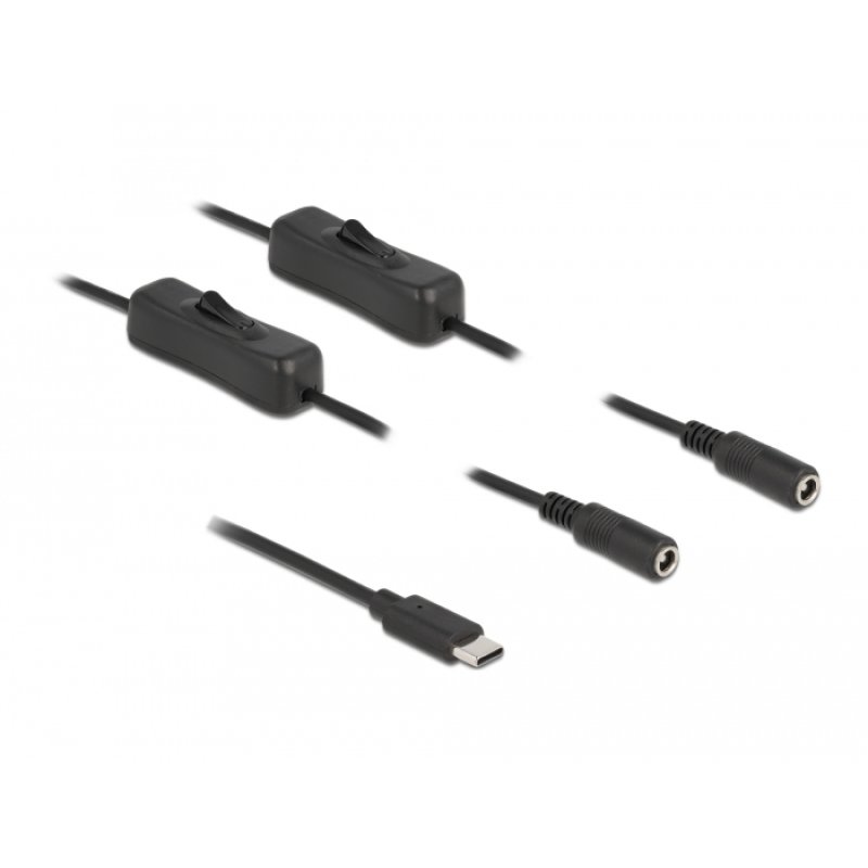 Delock Kabel USB Type-C™ Stecker zu 2 x DC 5,5 x 2,1 mm Buchse mit Schalter 1 m