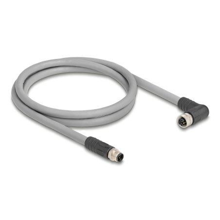 Delock M12 Kabel L-kodiert 5 Pin Stecker gerade zu Buchse rechts gewinkelt PUR schleppkettentauglich 2 m grau