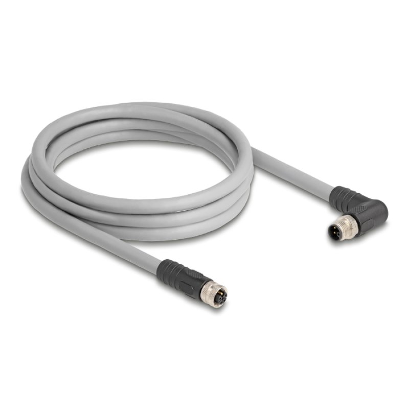 Delock M12 Kabel L-kodiert 5 Pin Stecker rechts gewinkelt zu Buchse gerade PUR schleppkettentauglich 1 m grau