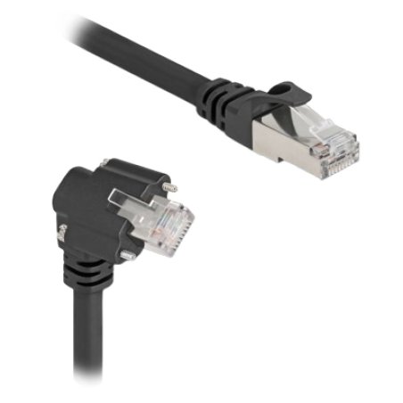 Delock GigE Kamera Kabel RJ45 Stecker 45° gedreht und 90° gewinkelt mit Schrauben zu RJ45 Stecker Cat.6 S/FTP 3 m