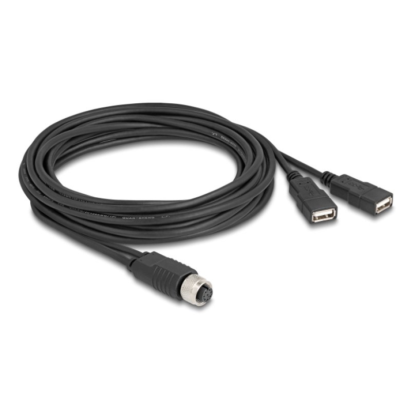 Delock M12 Kabel A-kodiert 8 Pin Buchse zu 2 x USB 2.0 Typ-A Buchse 3 m schwarz