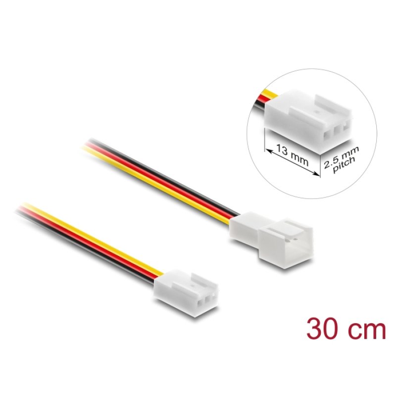 Delock Lüfter Verlängerungskabel Stecker zu Buchse 3 Pin, Steckerlänge 13 mm, 30 cm