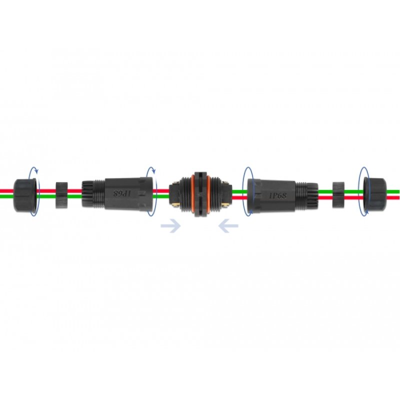Delock Kabelverbinder für Außenbereich 2 Pin, IP68 wasserdicht, schraubbar, Kabeldurchmesser 4,5 - 7,5 mm schwarz