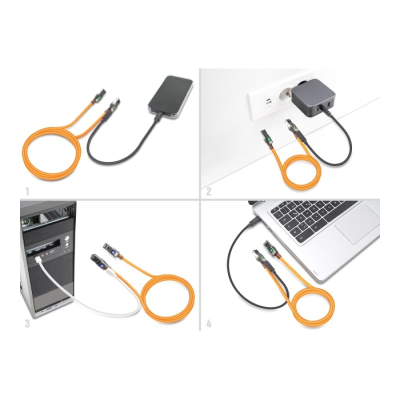 Delock RJ45 Netzwerkkabel mit USB Type-C™ Portfinder Funktion Self Tracing Cat.6A S/FTP 0,5 m orange