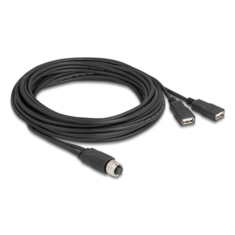Delock M12 Kabel A-kodiert 8 Pin Buchse zu 2 x USB 2.0 Typ-A Buchse 5 m schwarz