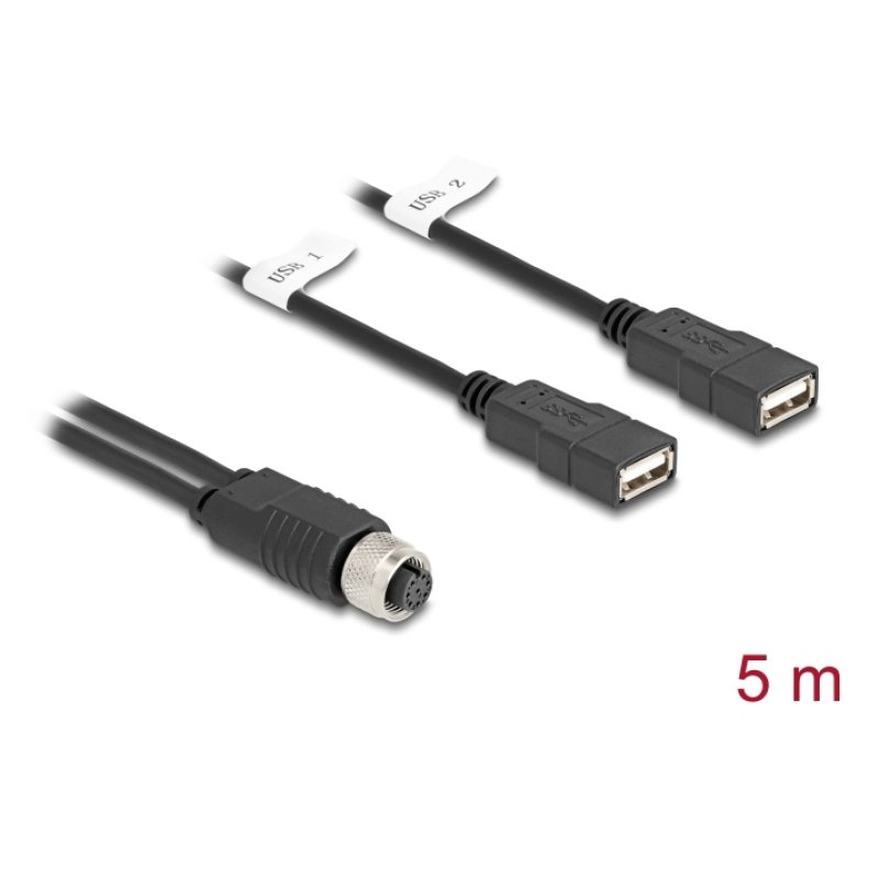 Delock M12 Kabel A-kodiert 8 Pin Buchse zu 2 x USB 2.0 Typ-A Buchse 5 m schwarz