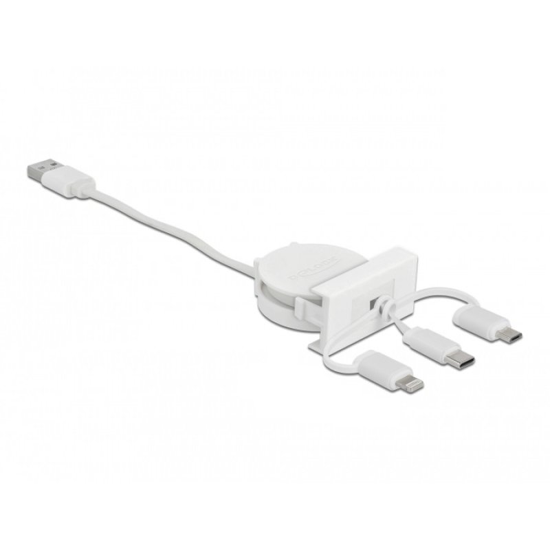 Delock Easy 45 Modul USB 2.0 3 in 1 Aufrollkabel USB Typ-A zu USB-C™, Micro USB und Lightning weiß