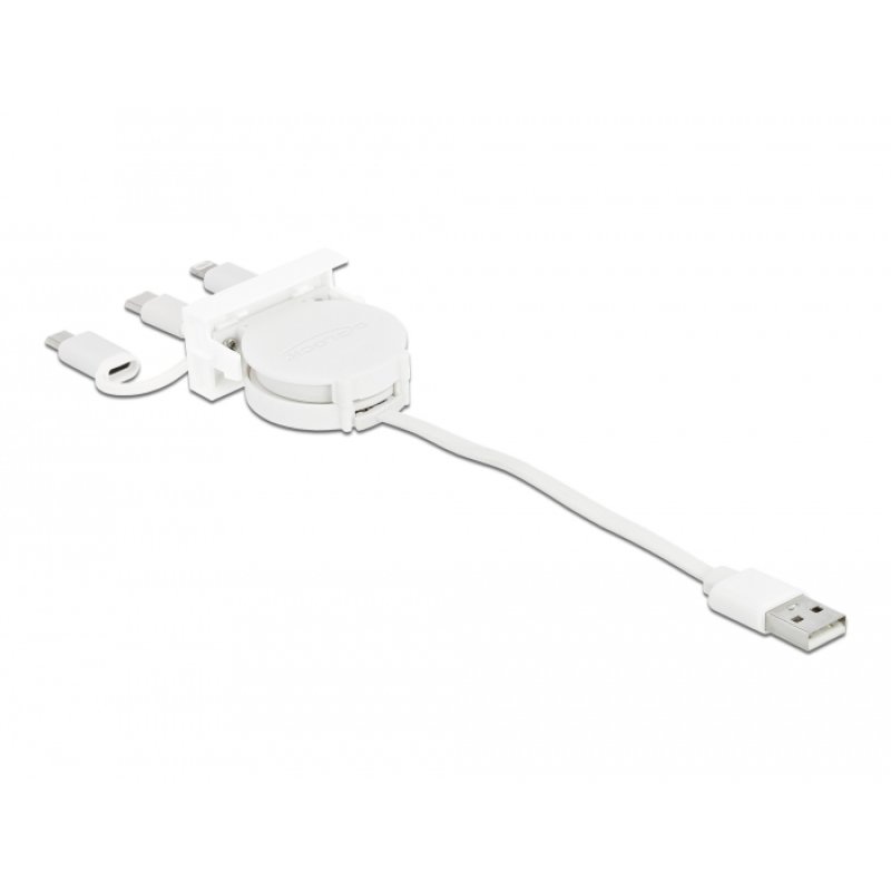 DeLOCK Câble rétractable Easy 45 Module USB 2.0 3 en 1 USB Type-A to USB-C, Micro USB et Lightning, blanc