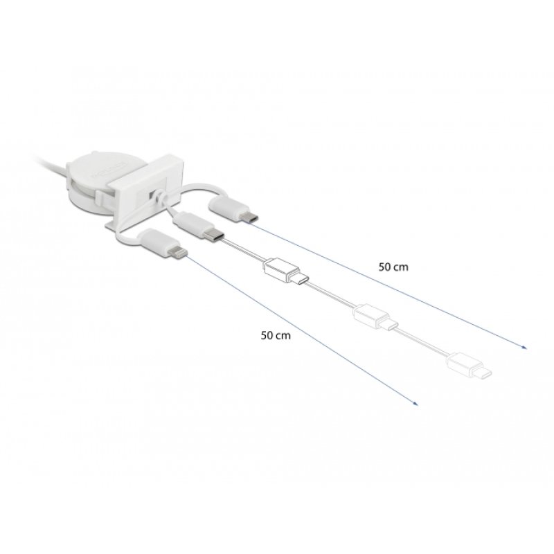DeLOCK Easy 45 Module USB 2.0 3 in 1 Retractable Cable USB Type-A to USB-C, Micro USB and Lightning white