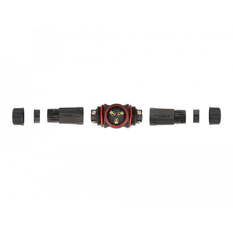 Delock Kabelverbinder T-Form für Außenbereich 3 Pin, IP68 wasserdicht, schraubbar, Kabeldurchmesser 4,5 - 7,5 mm