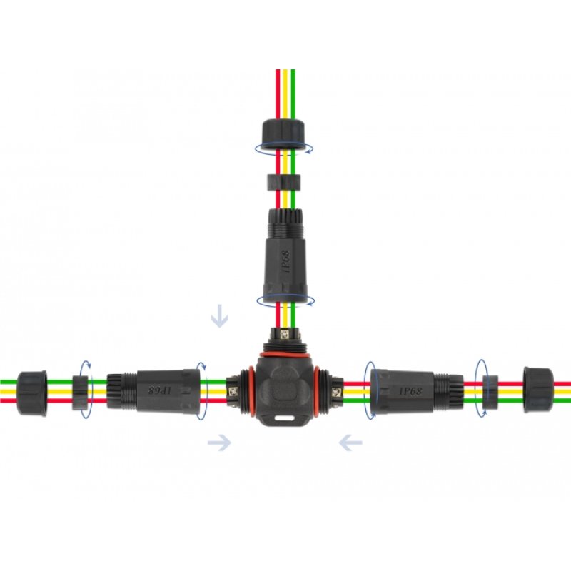 DeLOCK Connecteur de câble en T pour l’extérieur, 3 broches, étanchéité IP68, diamètre de câble 4,5 à 7,5 mm,