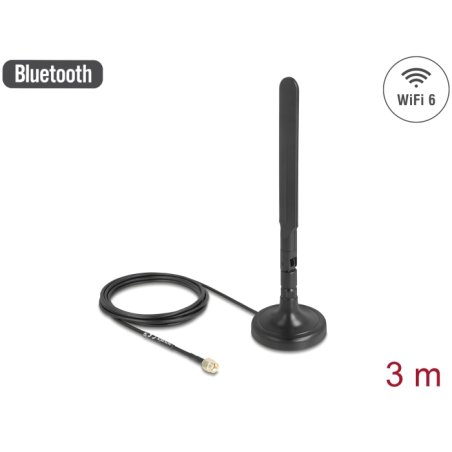 Delock WiFi 6 Antenne RP-SMA Stecker 3 dBi omnidirektional mit Anschlusskabel RG-174 3 m mit Kippgelenk mit