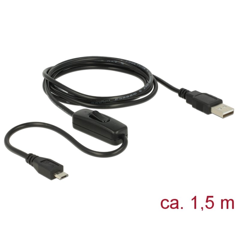 Delock Ladekabel USB 2.0 Typ-A Stecker USB 2.0 Micro-B Stecker mit Schalter für Raspberry Pi 1,5 m