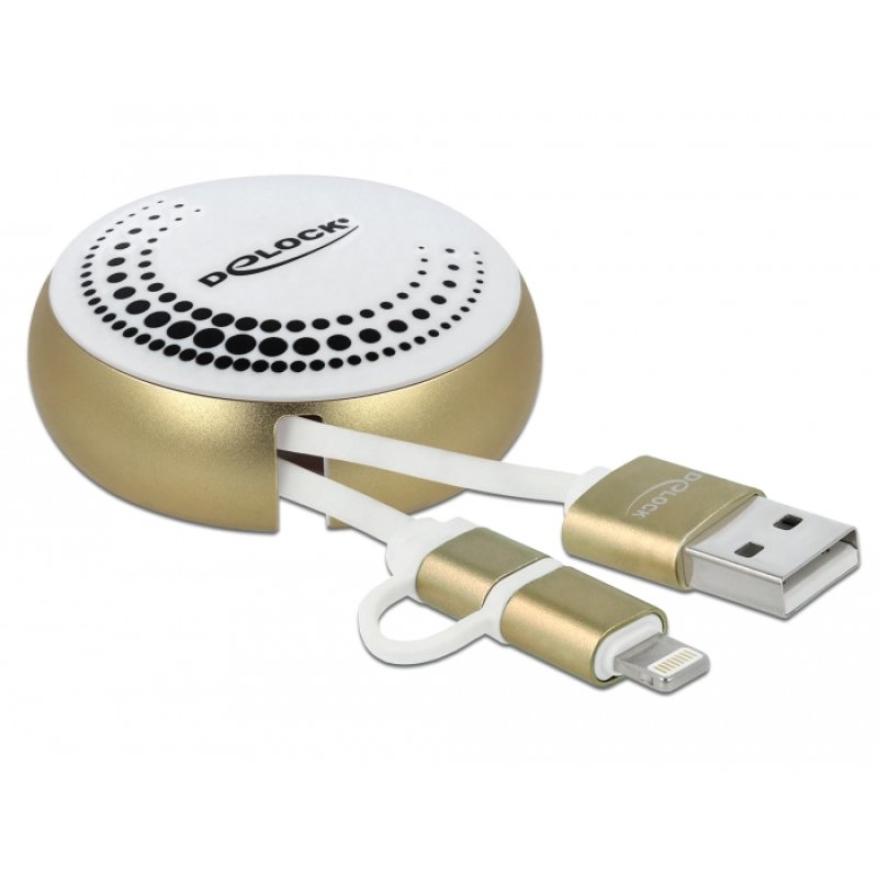 DeLOCK Câble rétractable USB 2 en 1 Type-A à Micro-B et Lightning blanc / doré