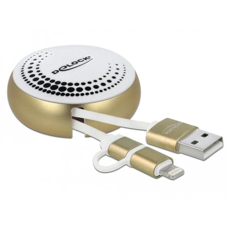Delock USB 2 in 1 Aufrollkabel Typ-A zu Micro-B und Lightning™ weiß / gold