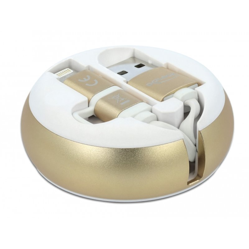 DeLOCK USB 2.0 2 in 1 Retractable Cable Type-A to Micro-B and Lightning™ white / gold